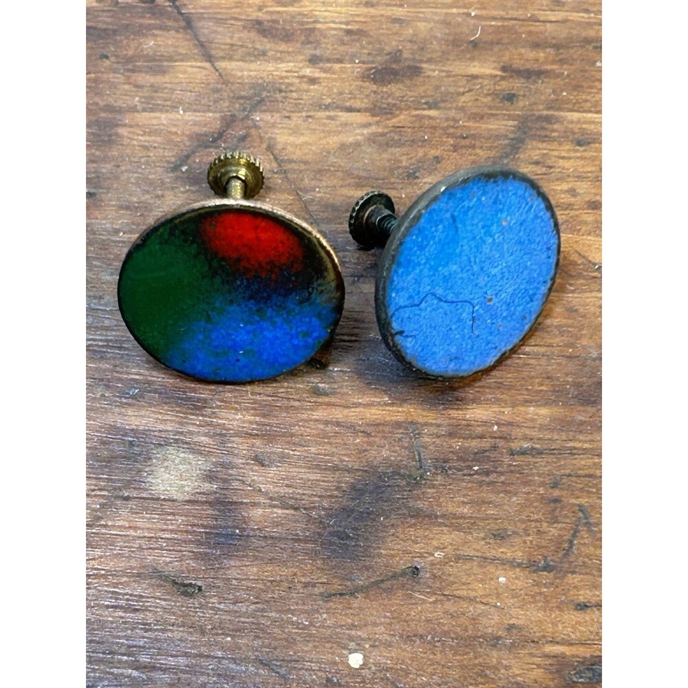 Vintage Enamel And Brass Round Screw-On Earrings Blue Multicolor READ